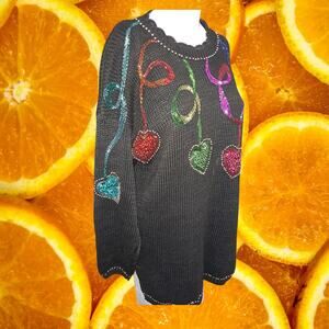 Maggie Lawrence Women's Black Heart Sequin Beaded Long Sleeve‎ Sweater Size S